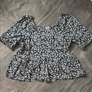 Navy and white Loft peplum top with square neck. L NWOT.